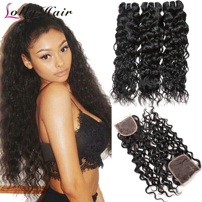 

Необработанная бразильская водная волна Virgin Hair 3 комплекта с закрытием бразильских волос Virgin с кружевным закрытием Lolly Hair Products