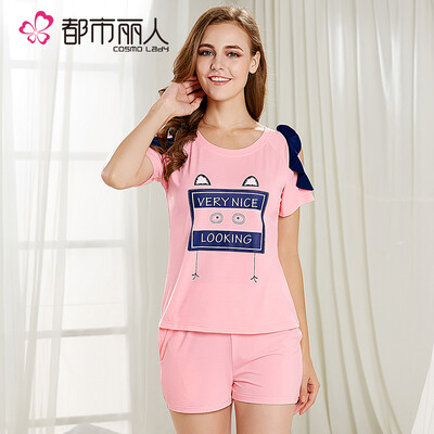 

Urban beauty ladies pajamas cotton short-sleeved shorts suit comfortable round neck cute cartoon strapless home service underwear 2H7211 light blue L