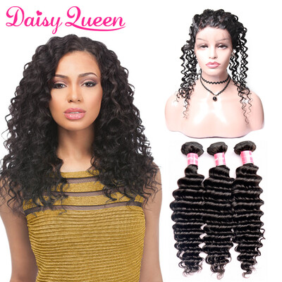 

Peruvian Deep Wave Bundles With 360 Lace Frontal Closure Pre Plucked With Baby Hair 8A Peruvian Virgin Hair 3 Bundles With Frontal