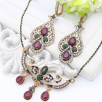 

Vintage Turkish Women Resin Flower Jewelry Sets Hook Drop Earring Vines Necklace Antique Gold Color Arabia Bridal Retro Jewelry