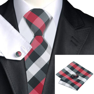 

N-0938 Vogue Men Silk Tie Set White Plaids Necktie Handkerchief Cufflinks Set Ties For Men Formal Wedding Business wholesale