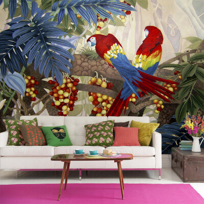 

Hand Painted wallpaper parrot leaves modern living room study decorative painting bedroom backdrop wall mural