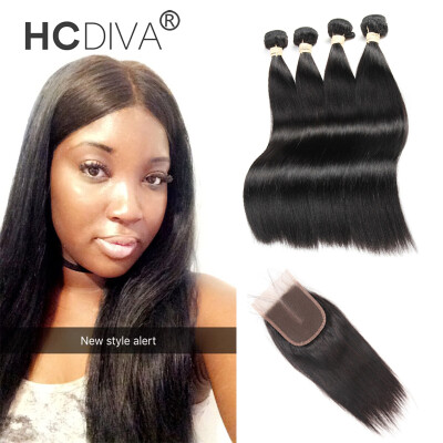 

HCDIVA Mongolian Virgin Straight Human Hair 4 Bundle with Lace Closure Free Part Middle Part 3 Wavy Part Grade 7A Straight Weft