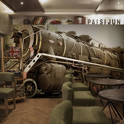 

3D photo wallpaper retro 3D train head wallpaper mural train themed restaurant cafe KTV bar background wall wallpaper