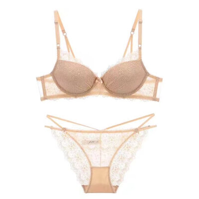

European&American style Sexy lace translucent Bra Set Deep V gathering upper thin lower thick