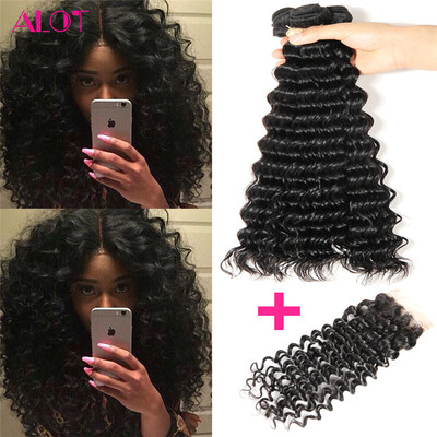 

Alot Indian Hair Deep Wave Closure Virgin Hair 4 Bundles Deep Wave with 4*4 Closure Hair Bundles with Closure Deep Wave