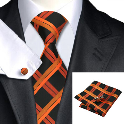 

N-0344 Vogue Men Silk Tie Set Orange Plaid Necktie Handkerchief Cufflinks Set Ties For Men Formal Wedding Business wholesale