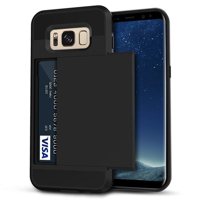 

Samsung Galaxy S8 Plus Case Wallet Slide Cover Card Pocket Hard Shell Shockproof Rubber Bumper Slidable Card Slot Holder Black