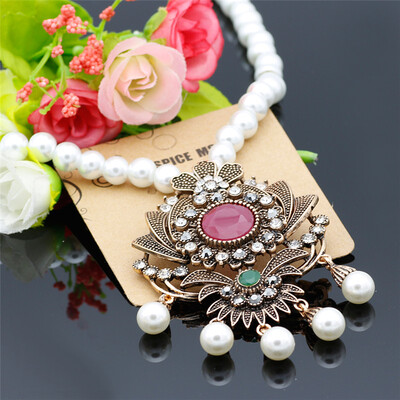 

Vintage Flower Strand Bead Pendant Necklace Set Women Antique Simulated-pearl Chain Turkish Indian Wedding Resin Corsage Jewelry