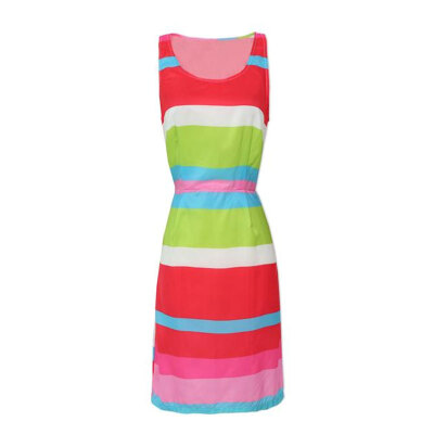 

Lovaru ™New 2015 fashion Sleeveless off-the-shoulder rainbow stripe dress Simple leisure mini dress