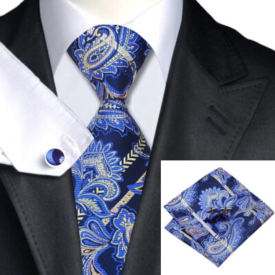 

N-0613 Vogue Men Silk Tie Set Blue Paisley Necktie Handkerchief Cufflinks Set Ties For Men Formal Wedding Business wholesale