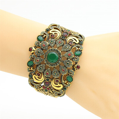 

Turkish Women Flower Resin Bangle Cuff Arabesque Antique Gold Plat Vintage Jewelry India bracelet Gypsy Ethnic Festival Jewelry