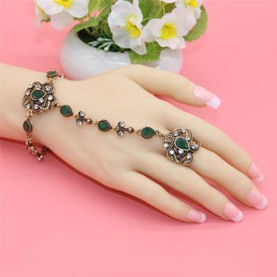 

New Turkish Bracelets&Rings Women Antique Gold Plating Bijoux Exquisite Crystal Hand Back Chain Indian Floral Jewelry Gift