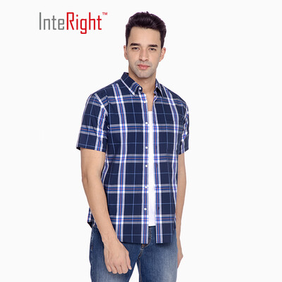 

INTERIGHT Shirt Mens Cotton Checkered Casual Shirt Short Sleeve Blue L40