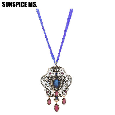 

Elegent Vintage Turkish Women Seed Bead Flower Pendant Necklace Sets Antique Resin Indian Ethnic Wedding Retro Strand Jewelry