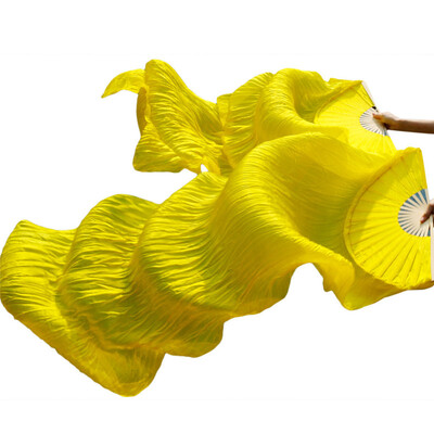 

2017 Newest Handmade Bamboo Ribs Dance Props Silk Belly Dance Fans Natural Silk 1 Pc Left hand1 Pc Right Hand Silk Fans Yellow