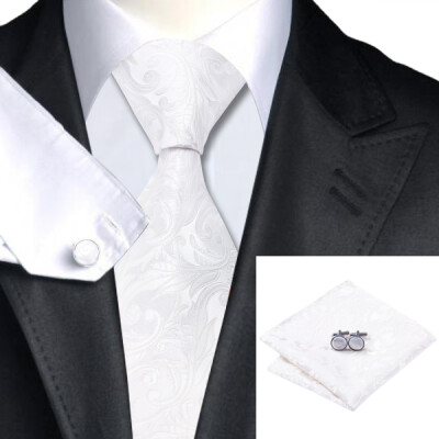 

N-1163 Vogue Men Silk Tie Set White Floral Necktie Handkerchief Cufflinks Set Ties For Men Formal Wedding Business wholesale