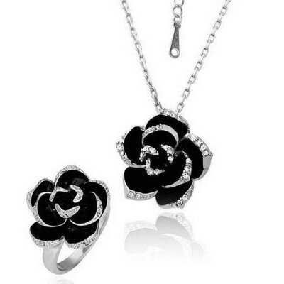 

Yoursfs® 18K White Gold Plated Black Flower Necklace and Ring Set Use Austrian Crystal Fashion Jewelry Set