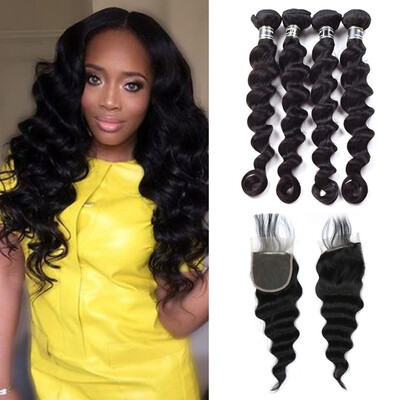 

7A Малайзийские волосы 4 комплектов с закрытием 4x4 Loose Wave Hair Великолепные необработанные девичьи волосы Очень дешевая линька бесплатно