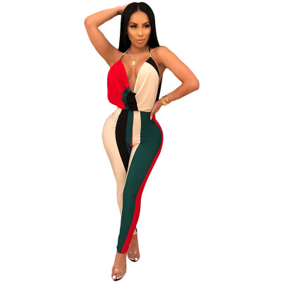 

2018 High Street Low-cut Stripe Jumpsuit Romper Women Sexy Backless Mid-waist Playsuit Body Female Fashion Summer Beach Overalls