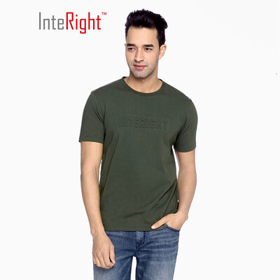 

INTERIGHT round neck T-shirt male net color PIMA cotton embossed short sleeve army green XXL