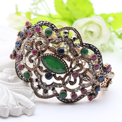 

Vintage Turkish Women Resin Hollow Flower Bangle Bracelet Rhinestone Cuff Jewelry Ethnic Cryst Bangle Wedding Pulseiras Feminino
