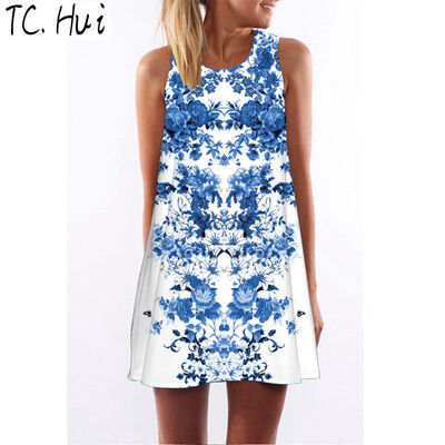 

2018 new trend fashion digital printing round neck strapless dress