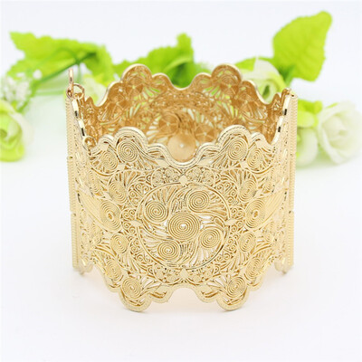 

Vintage Arab Women Bracelet Armlet Wave Edge Plus Size Bangle Open Type Hollow Flower Gold Color Cuff Bangles Dance Jewelry