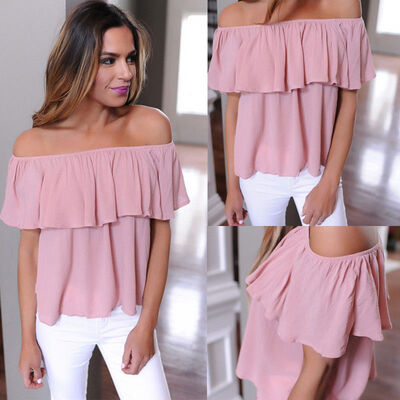 

Hot Women Chiffon Casual Loose Ruffled Off the Shoulder T-Shirt Blouse Top Shirt