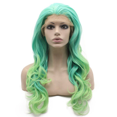 

Long Wavy Hand Tied Lace Front blue green Ombre Wig