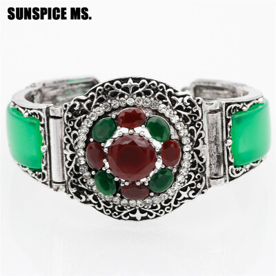 

SUNSPICE MS Ethnic Indian Resin Cuff Bracelet Antique Silver Color Hollow Flower Bracelets Bangles Watch Style Vintage Jewelry