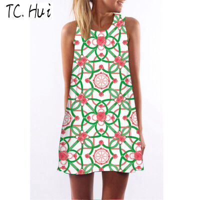 

Vintage Print Summer Dress 2018 Round Neck Sleeveless Tank Sexy Dresses Casual Mini Women Dress