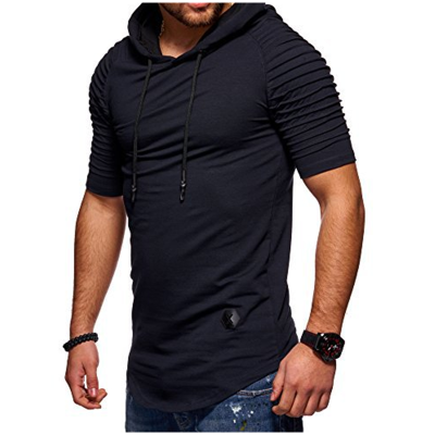 

Summer Mens Casual Tops Fashion Short Sleeved T-shirt Solild Color Fold Round Neck Hooded Pullovers Clothes Mens T-shirt