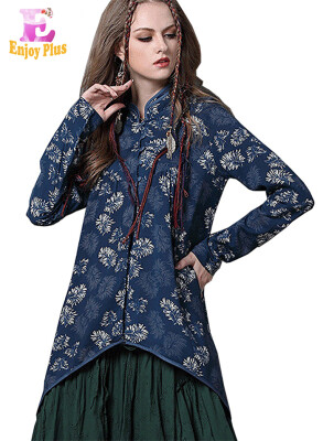 

L High Quality chest 94-98cm vintage cotton new autumn 2017 floral print long sleeve blouse women tops asymmetrical casual