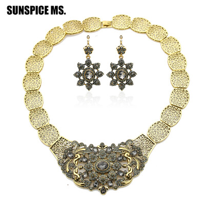 

SUNSPICE MS Vintage Rhinestone Dangle Earring Flower Necklace Indian Jewelry Sets Antique Bronze Turkish Bridal Valentines Gift