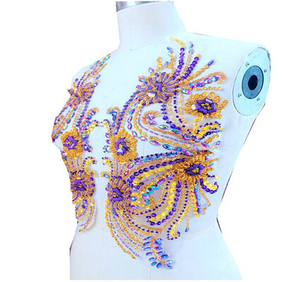

Pure hand made purplegolden sew on Rhinestones applique on mesh crystals patches 4139cm DIY dress accessory
