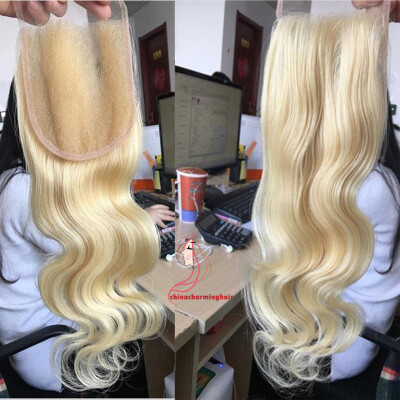 

44 613 Blonde Closures With Baby Hair 10A Free Part Brazilian Virgin Human Hair Closure Body Wave Top Lace Front Closure