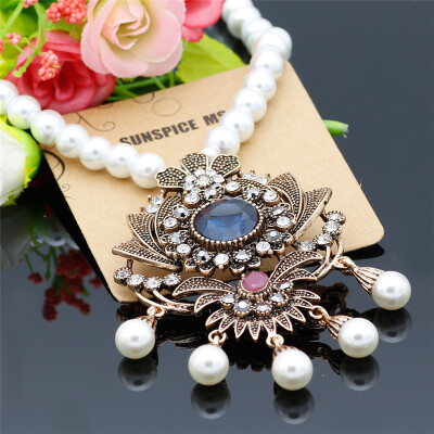 

Vintage Flower Strand Bead Pendant Necklace Set Women Antique Simulated-Pearl Chain Турецкая индийская свадебная смола Корсаж ювел