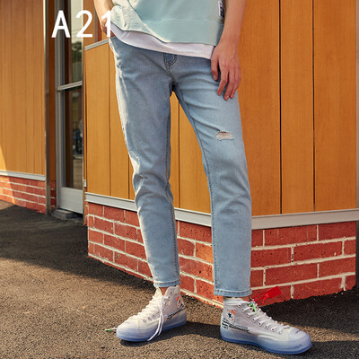 

A21 Summer Mens Elastic Slim Low Waist Hole Comfortable Joker pants 4821020010 Sky Blue 29 17572A