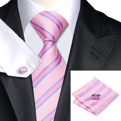 

N-0433 Vogue Men Silk Tie Set Pink Stripe Necktie Handkerchief Cufflinks Set Ties For Men Formal Wedding Business wholesale