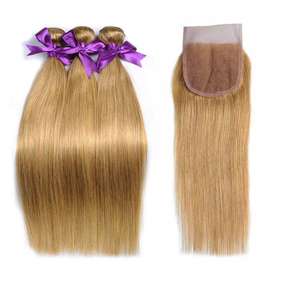 

Nig Cute Hair Peruvian Blonde Human Hair 3 Bundles with Lace Closure Colored 27 Straight Virgin Hair Weave Extensions With Closur