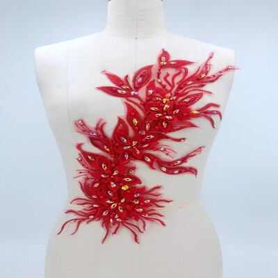 

big red Three-dimensional lace applique with handsewing beads rhinestones trimming patches 4520cm for dress accessory