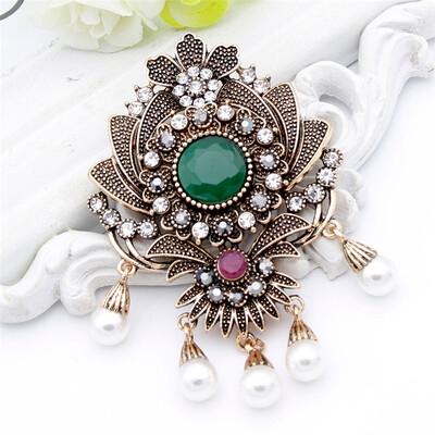 

Vintage Bohemia Flower Bead Brooch Pins Antique Gold Color Round Resin Dangle Brooches Broches Women Scarf Hijab Wedding Jewelry