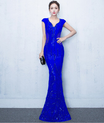 

V-neck See-through Back Sequins Party Formal Dress Half Sleeve Beads Sexy Long Evening Dresses