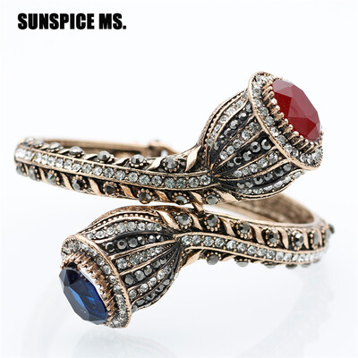 

SUNSPICE MS Vintage Charm Bangles For Women Antique Gold Red Resin Lily Flower Bracelet Full Crystals Turkish Bijuteria Jewelry