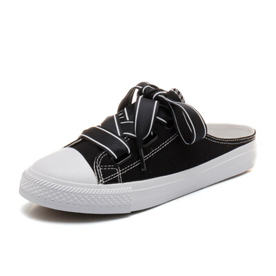 

2018 Summer New Fashion Wild Flat White Shoes Girls Lace Casual Canvas Shoes