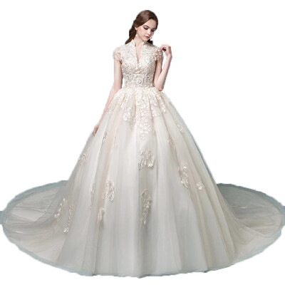 

Palace Vintage High Collar Champagne Beading Embroidery Lace Ball Gown