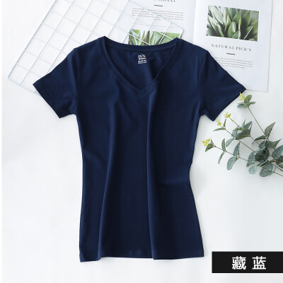 

KangShu DaiShu solid color simple short-sleeved T-shirt ladies V-neck Slim half-sleeve T-shirt tops versatile cotton bottoming shirt Tibetan blue