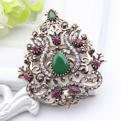 

Ethnic Arabesque Flower Brooches Turkish Jewelry Women Retro Gold Color Water Drop Resin Rhinestone Broches Brooch Hijab Pin