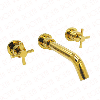 

Vouruna Double Cross Handles Golden Wall Mounted Bathroom Faucet Gold Basin Mixer Tap Set